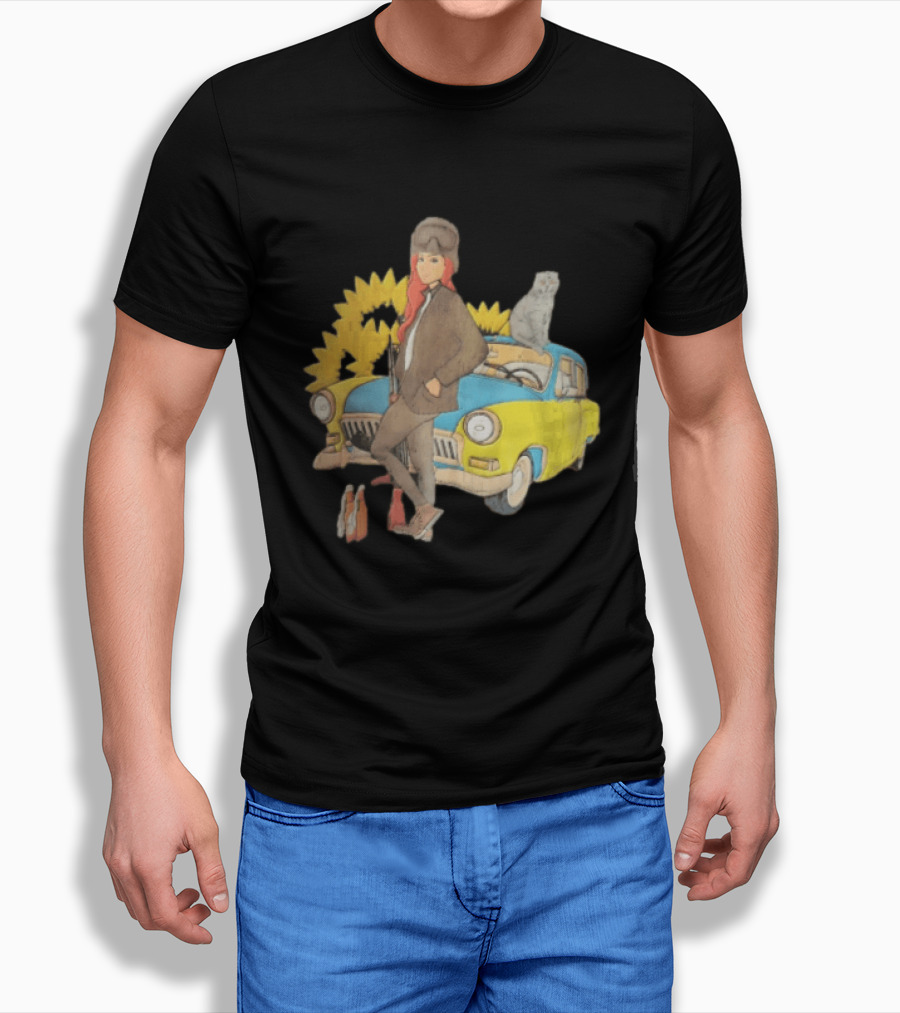 Woman Soldier With Cat On Vintage Car And Sunflowers T-Shirt