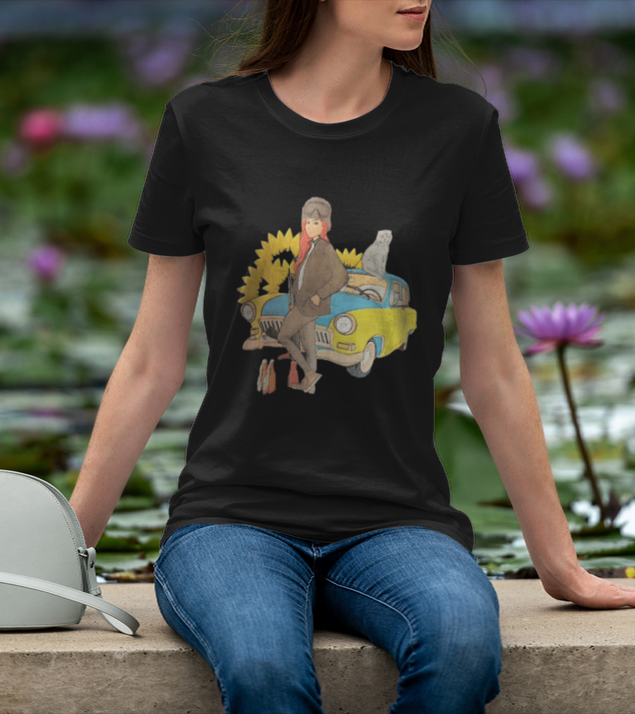 Woman Soldier With Cat On Vintage Car And Sunflowers T-Shirt