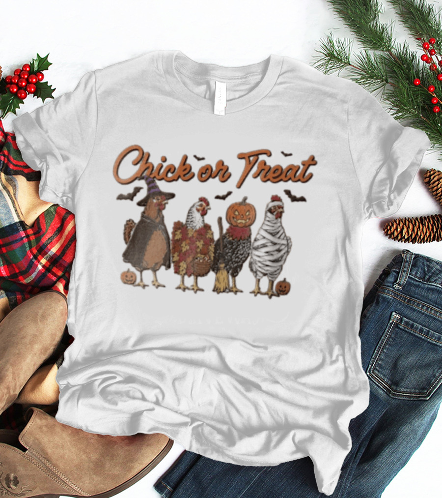 Chick Or Treat Halloween Chickens In Witch Mummy Pumpkin Costumes With Autumn Leaves And Bats T-Shirt