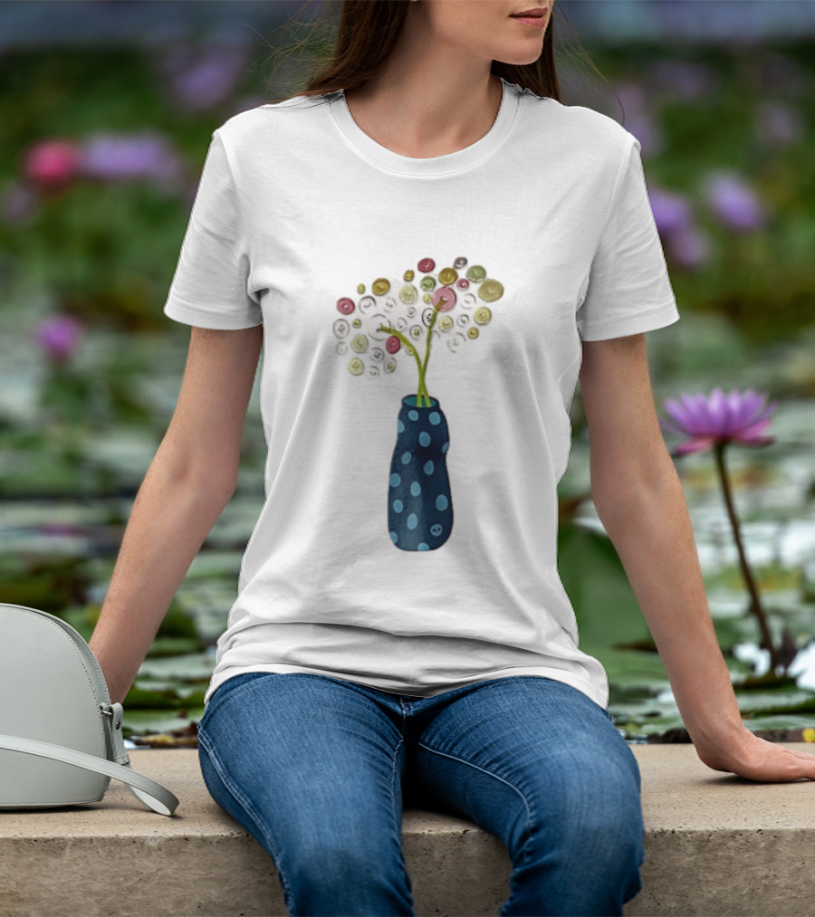 Polka Dot Vase With Colorful Button Flowers T-Shirt