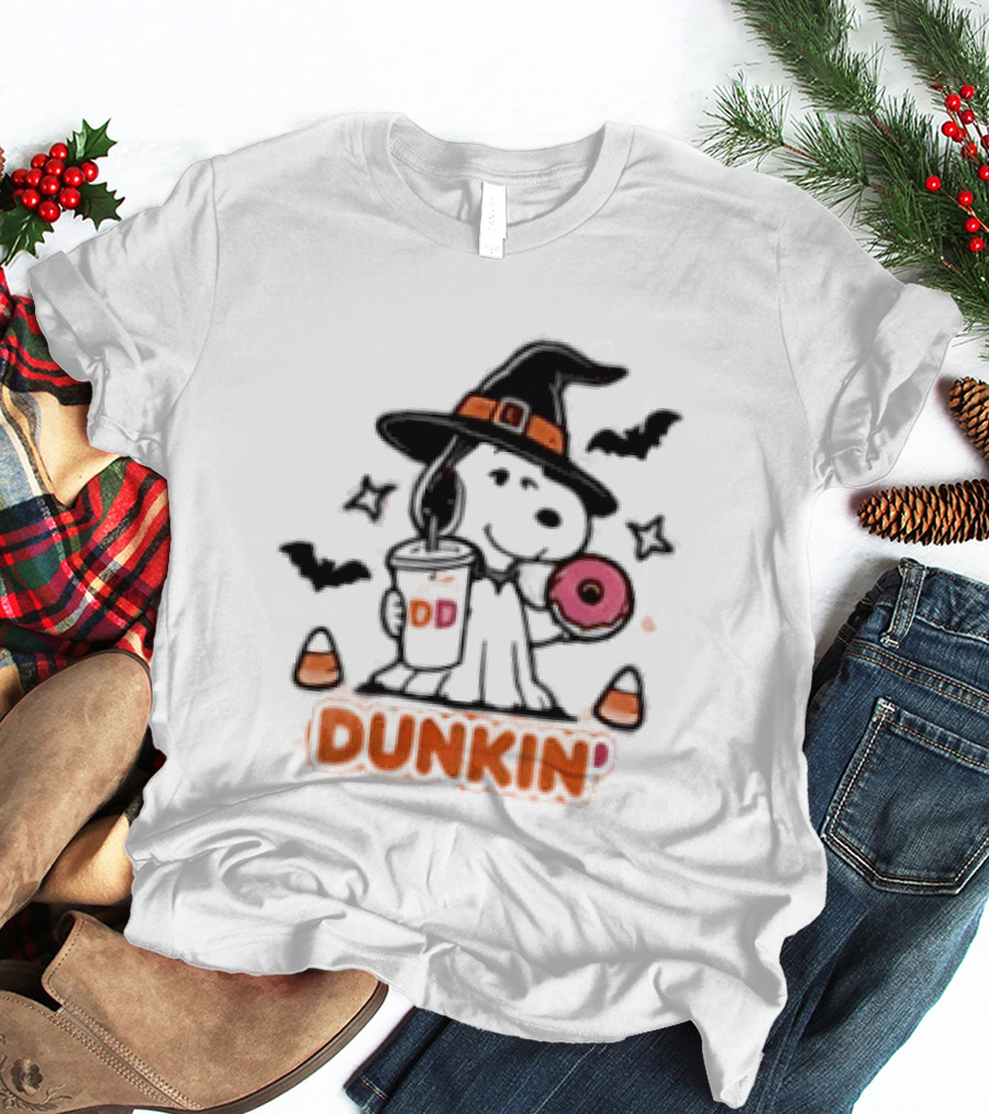 Snoopy Dunkin Donuts Halloween Witch Doughnut Coffee Cup Bats Candy Corn T-Shirt