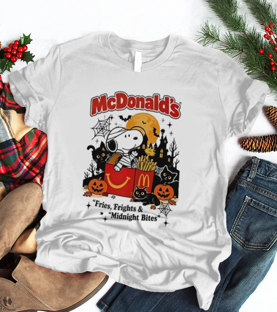 Snoopy McDonald's Halloween Fires Frights Midnight Bites Pumpkin Black Cat Moon T-Shirt