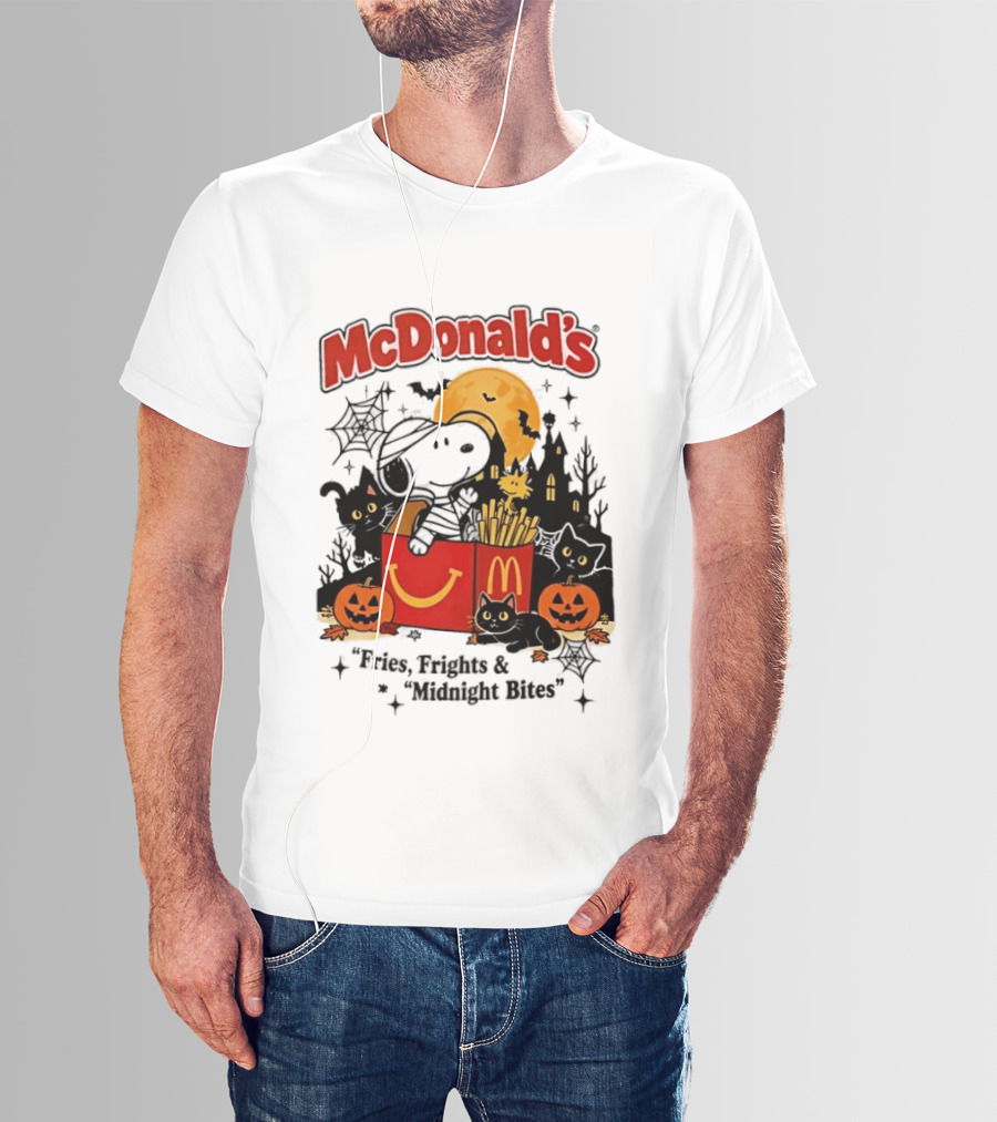 Snoopy McDonald's Halloween Fires Frights Midnight Bites Pumpkin Black Cat Moon T-Shirt