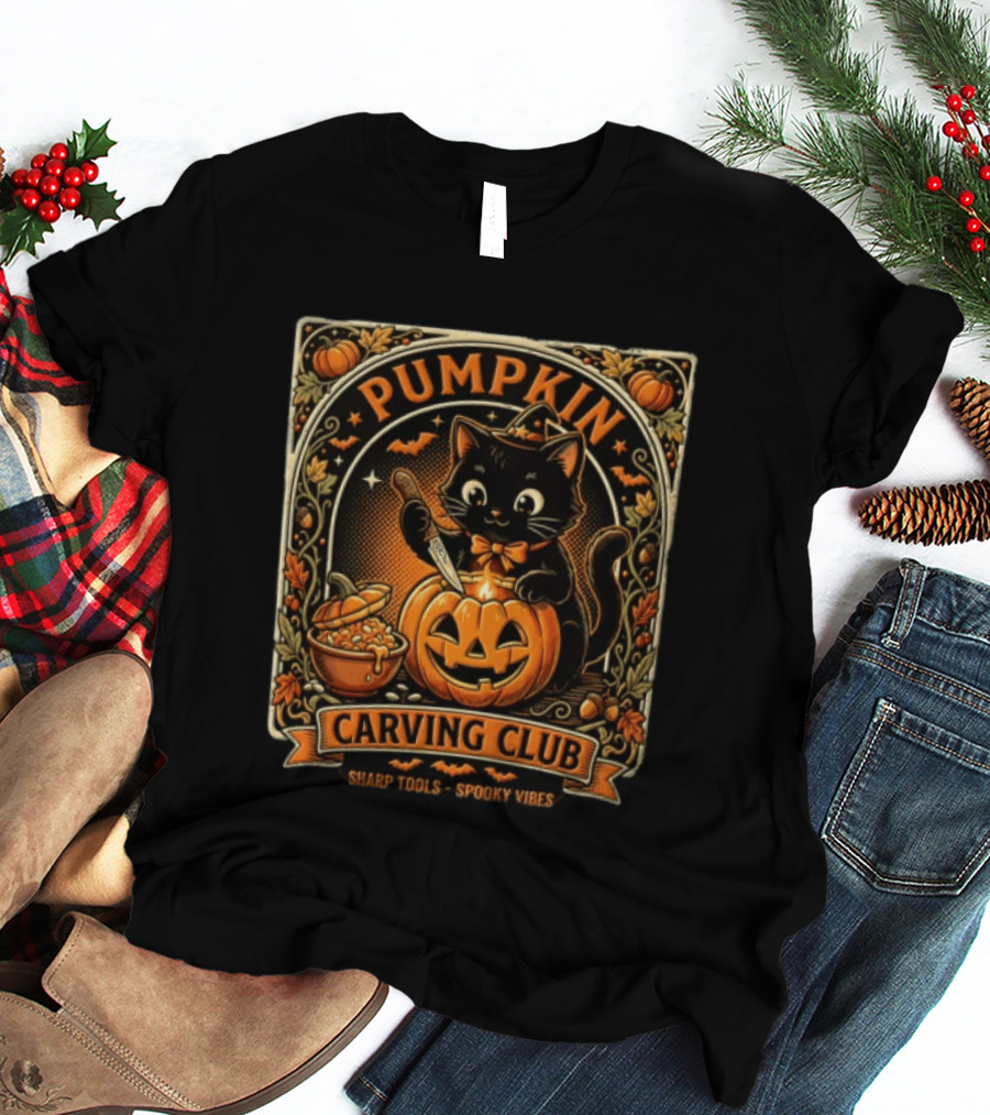 Pumpkin Carving Club Black Cat Sharp Tools Spooky Vibes T-Shirt
