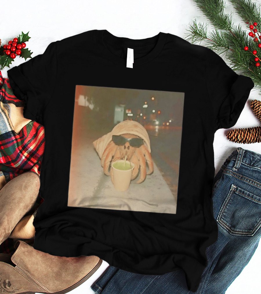 Hermit Crab Sunglasses Drinking Iced Beverage At Night T-Shirt