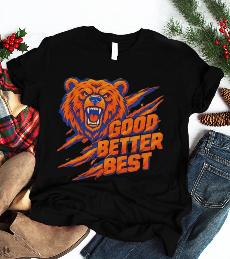 Good Better Best Grizzly Bear Claw Scratch Roaring Face Orange Blue T-Shirt