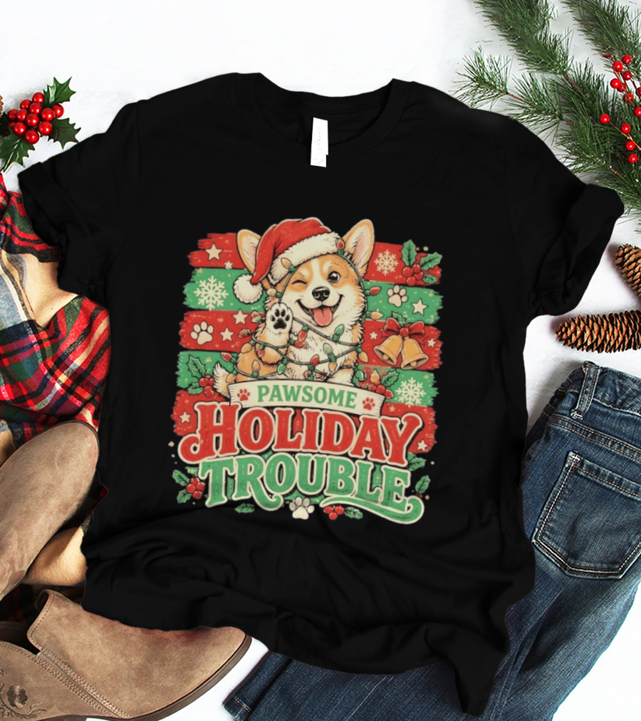 Pawsome Corgi Santa Hat Holiday Trouble Christmas Lights T-Shirt