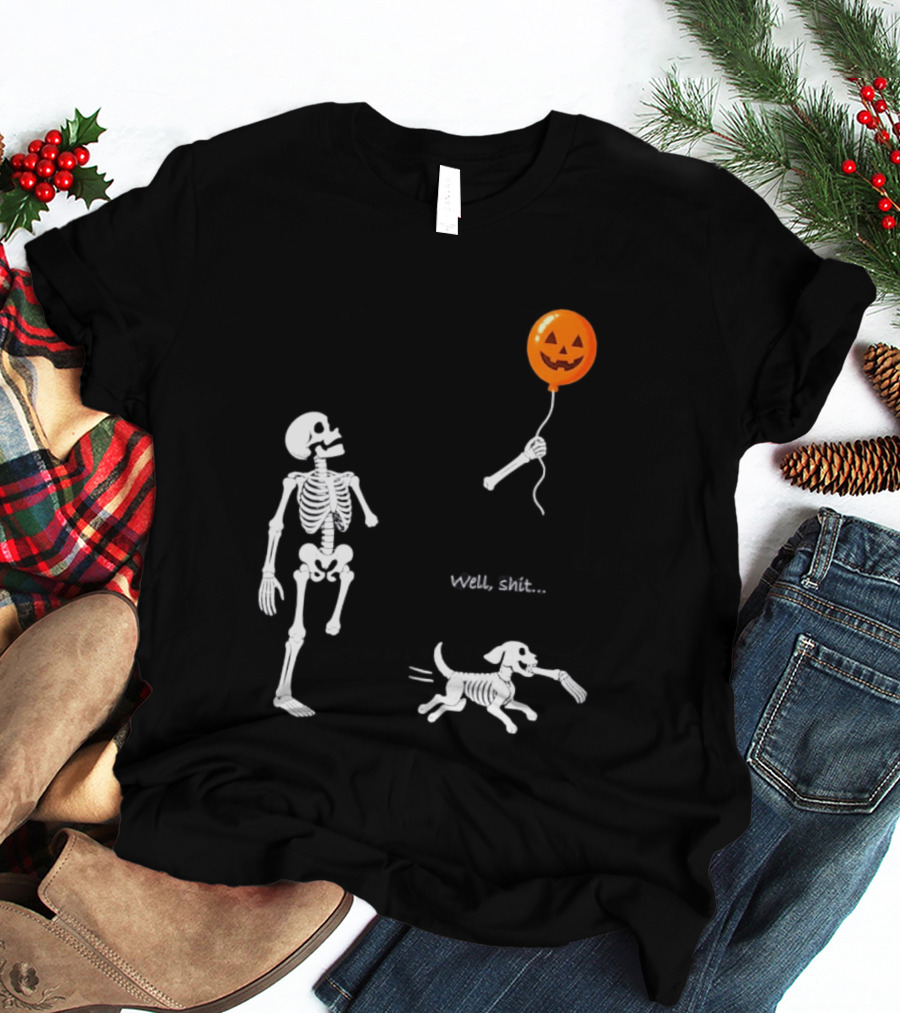 Skeleton Losing Halloween Pumpkin Balloon To Dog Well Shit T-Shirt