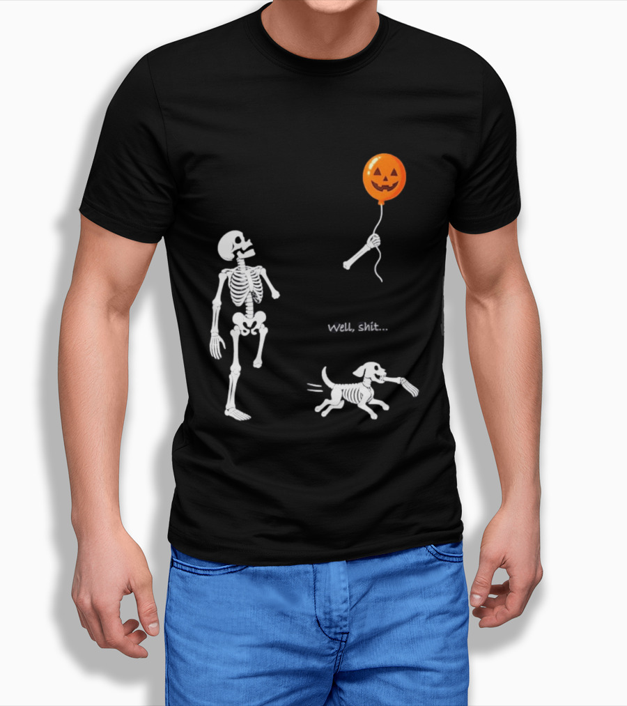 Skeleton Losing Halloween Pumpkin Balloon To Dog Well Shit T-Shirt
