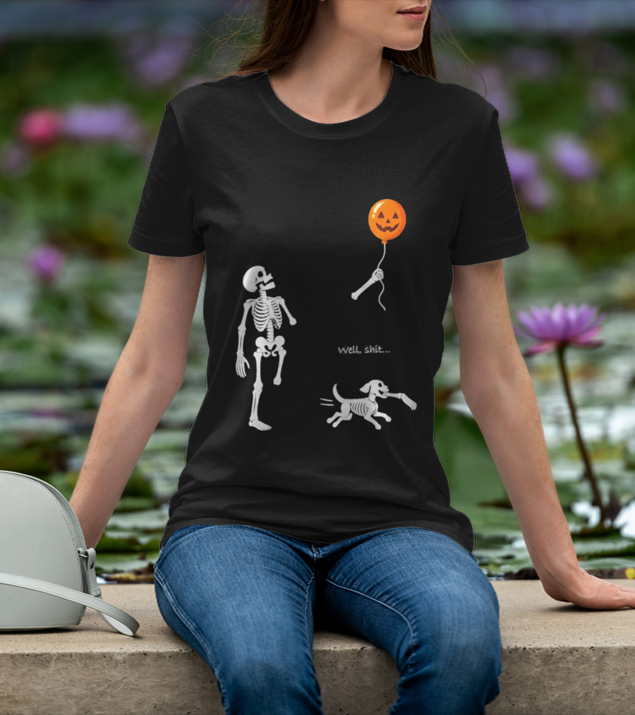 Skeleton Losing Halloween Pumpkin Balloon To Dog Well Shit T-Shirt