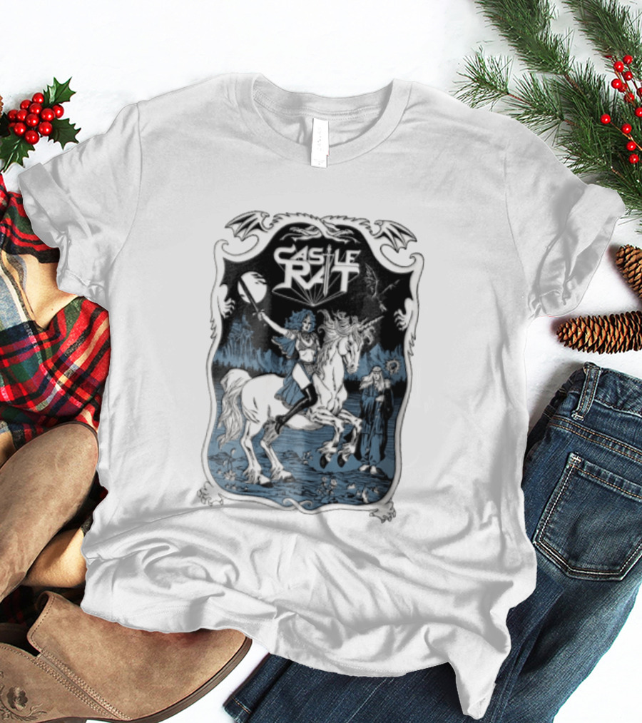 Castle Rat Warrior Woman Riding Unicorn Wizard Fantasy Scene T-Shirt