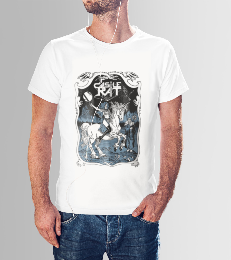 Castle Rat Warrior Woman Riding Unicorn Wizard Fantasy Scene T-Shirt
