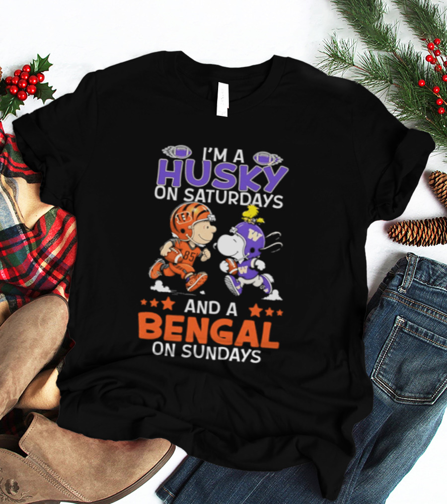 I'm A Husky On Saturdays And A Bengal On Sundays Snoopy And Charlie Brown Football Fan Days T-Shirt