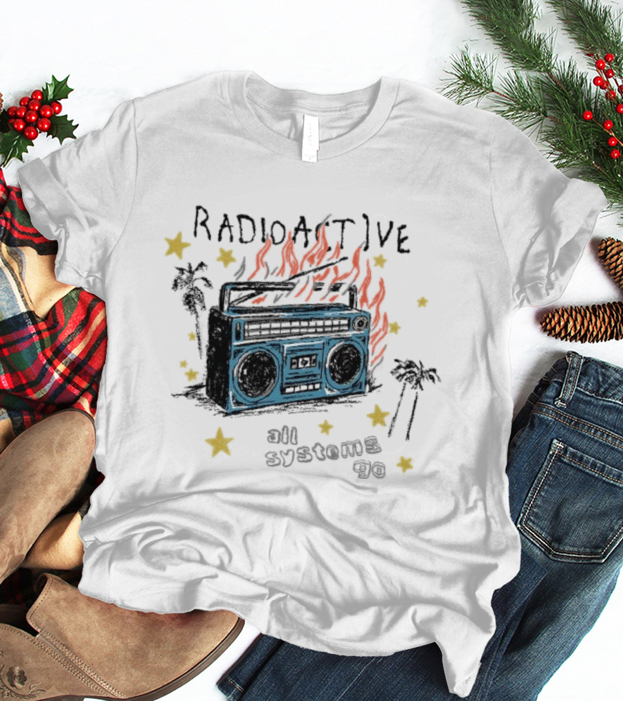 Radioactive All Systems Go Boombox Cassette Flames Stars Palms T-Shirt