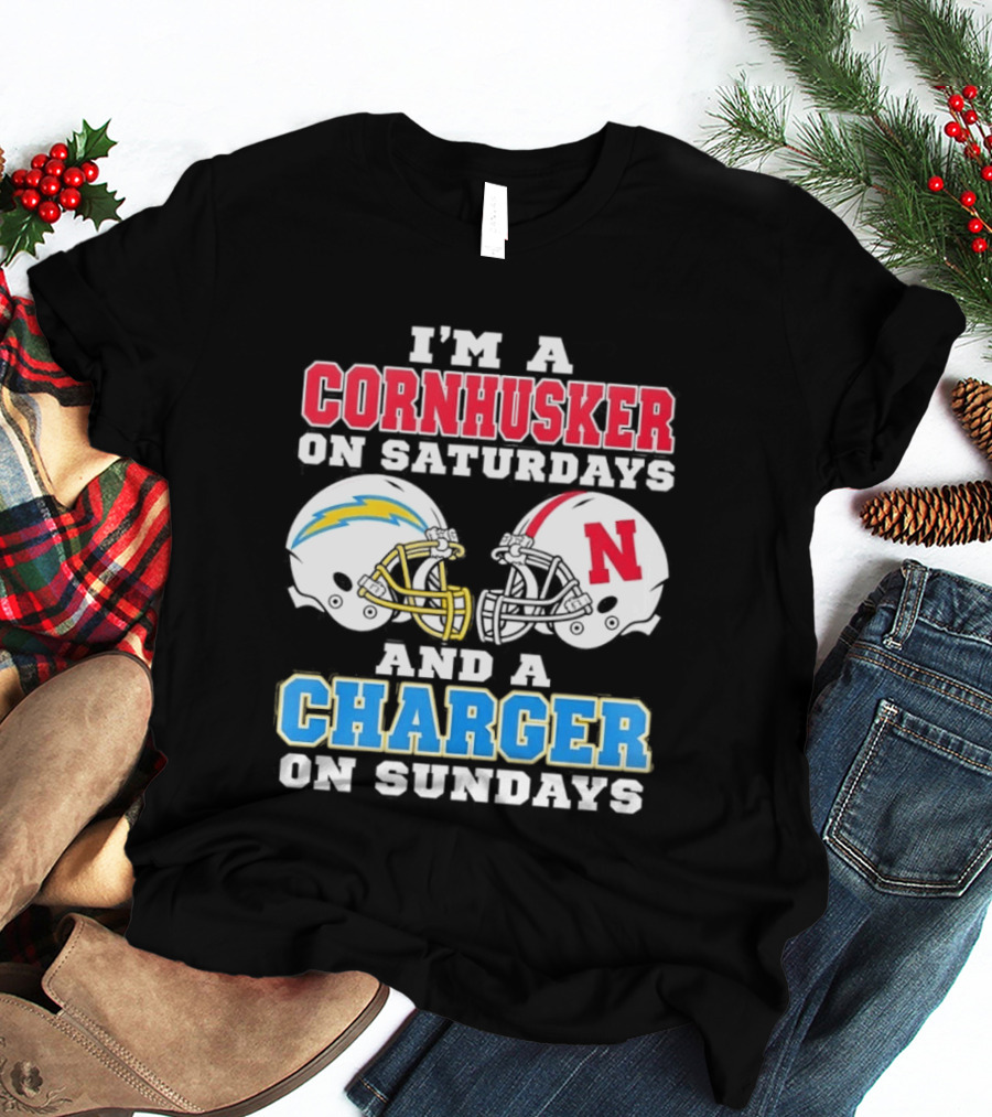 I'm A Cornhusker On Saturdays And A Charger On Sundays Football Fan Football Team Helmets T-Shirt