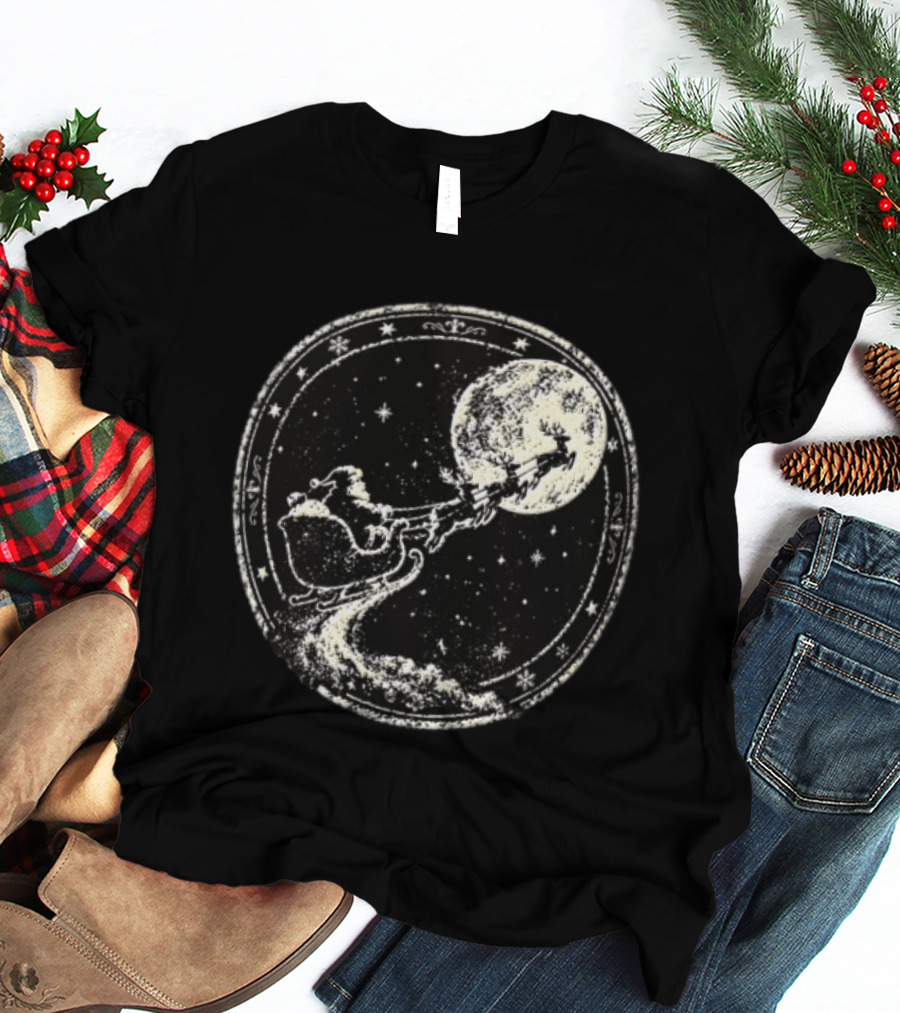 Santa Sleigh Flying Across Moonlit Night Vintage Stamp Christmas T-Shirt