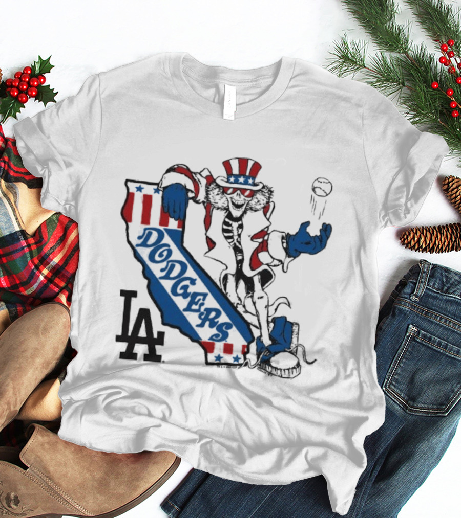 Grateful Dead Los Angeles Dodgers Skeleton Uncle Sam Baseball California LA T-Shirt