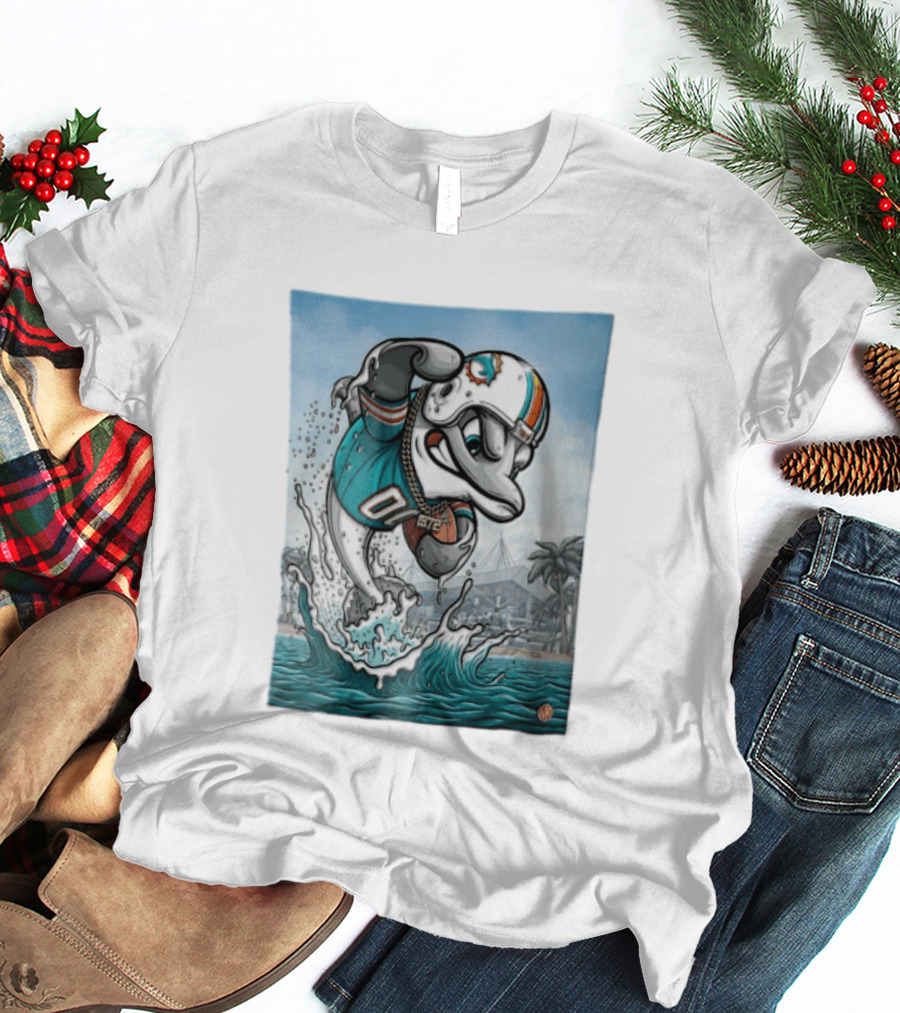 Miami Dolphins Garo Yepremian Fins Up 1972 Cartoon Dolphin Helmet Football T-Shirt