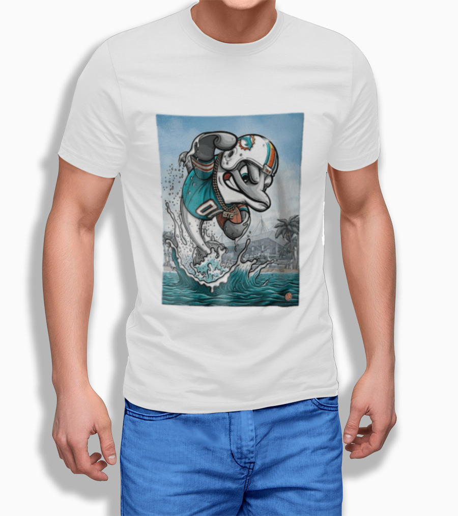 Miami Dolphins Garo Yepremian Fins Up 1972 Cartoon Dolphin Helmet Football T-Shirt