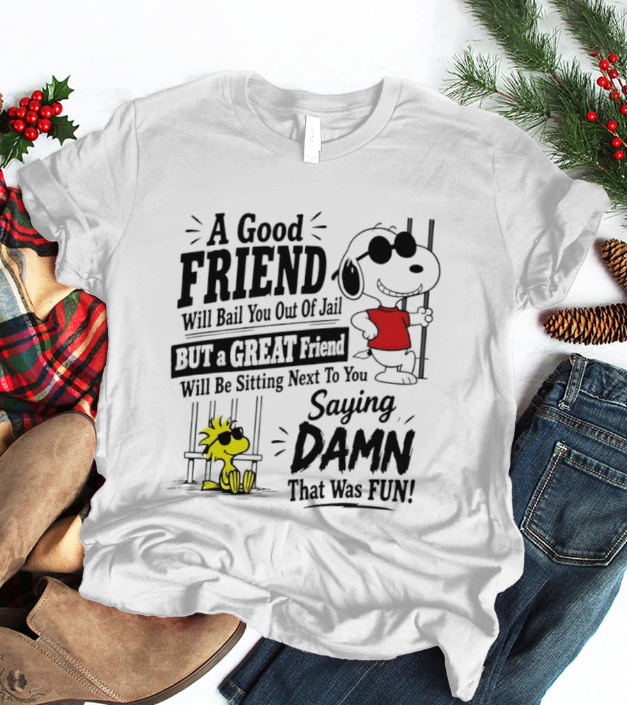 Snoopy And Woodstock A Good Friend Will Bail You Out Of Jail A Great Friend Will Be Sitting Next To You Saying Damn That Was Fun T-Shirt