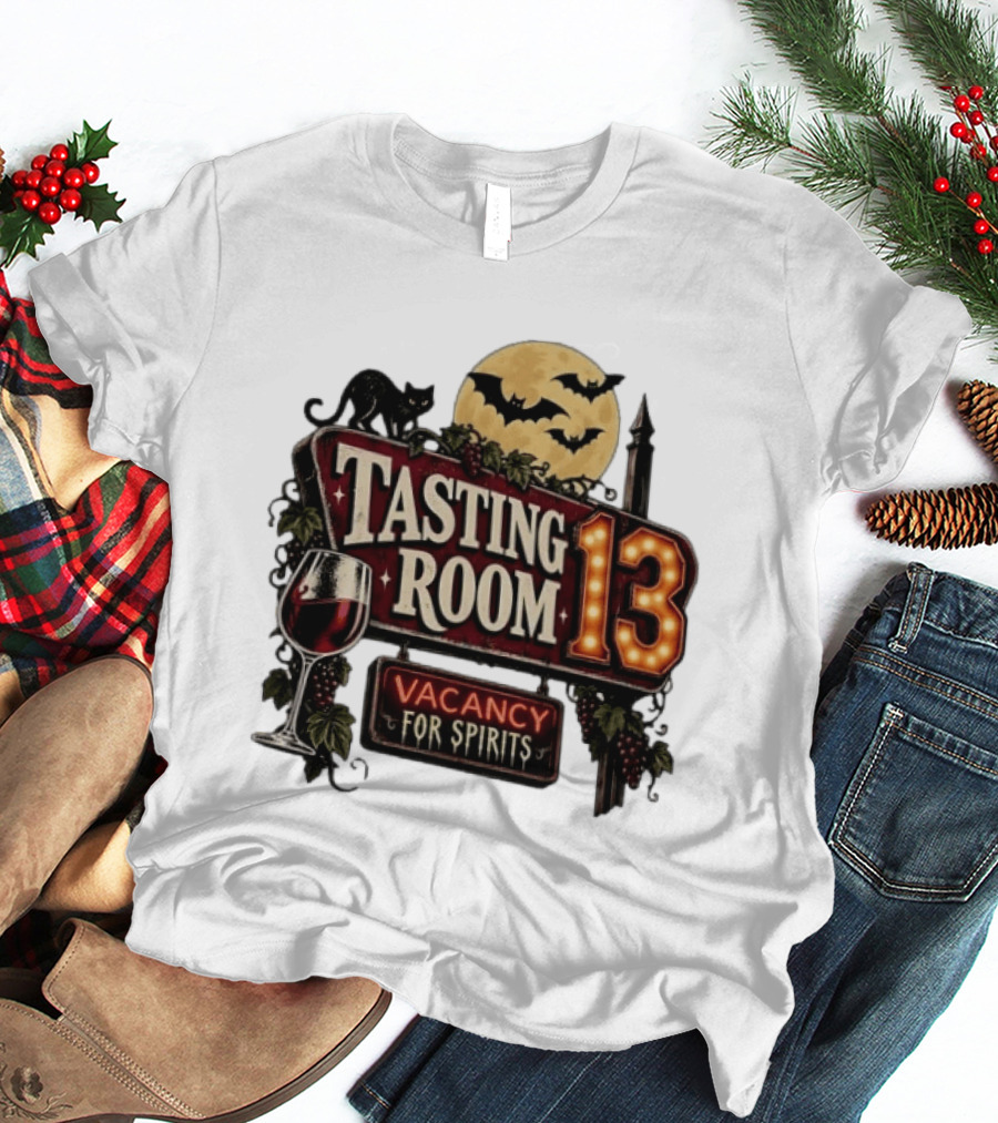 Tasting Room 13 Vacancy For Spirits Halloween Wine Moon Bats Cat T-Shirt