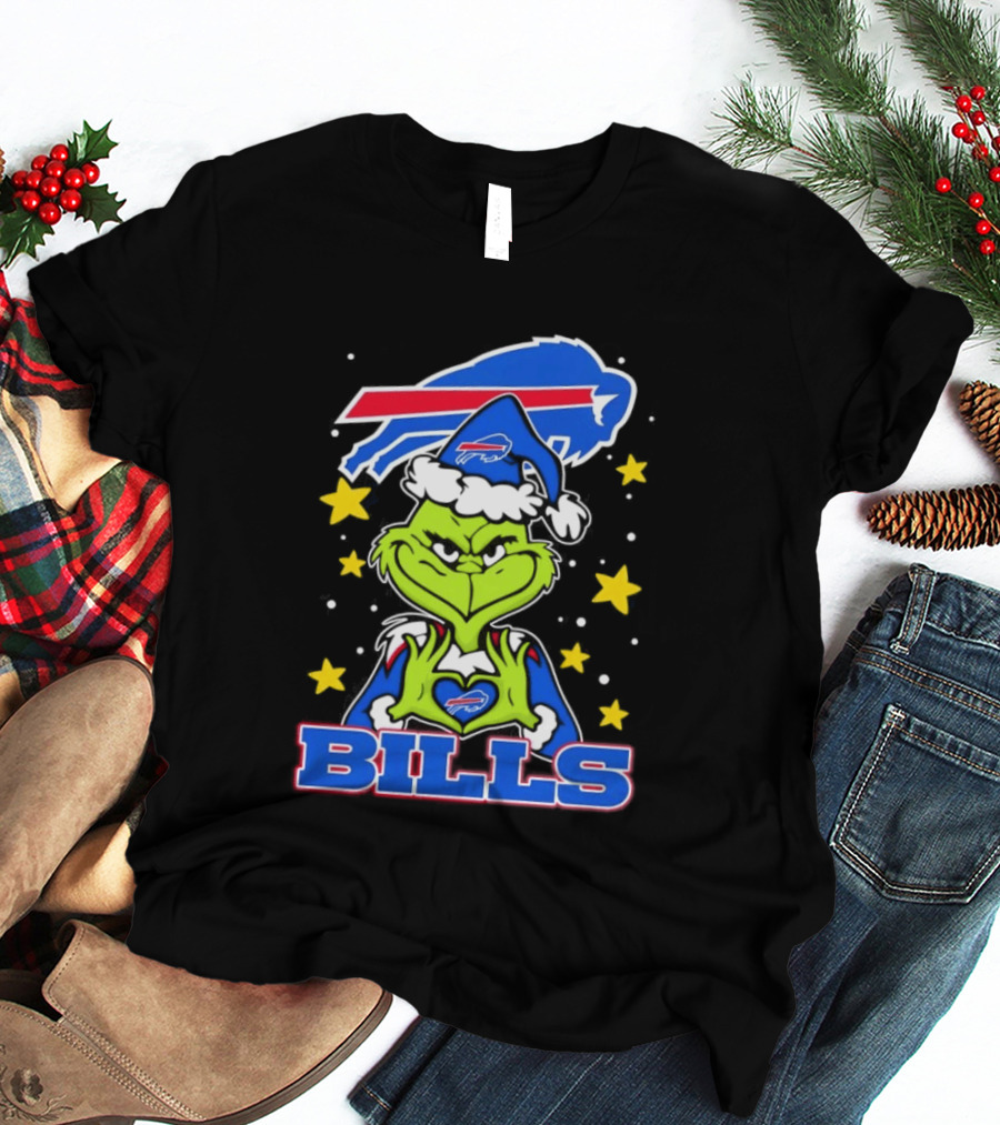 Grinch Heart Hands Christmas Buffalo Bills Football Holiday T-Shirt