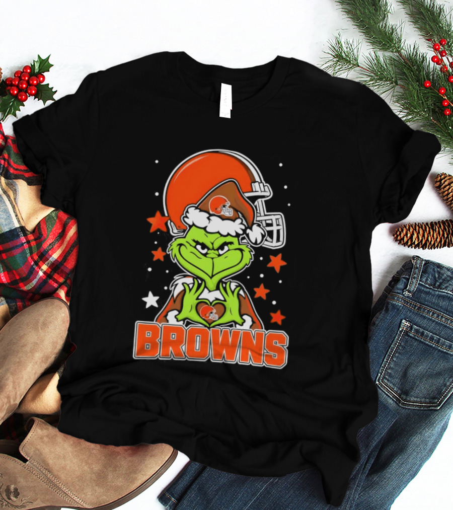 Grinch Heart Love Cleveland Browns Christmas Football T-Shirt