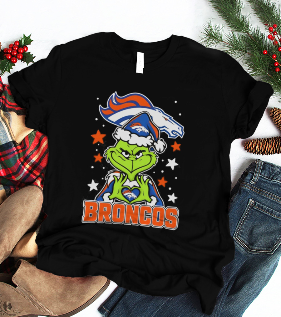 Broncos Christmas Grinch Heart Hands Love Denver Football T-Shirt