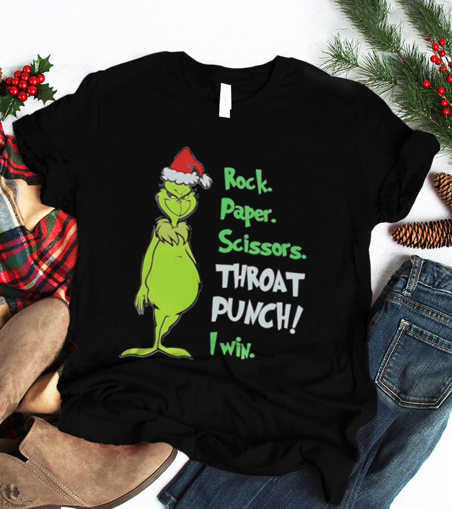 Rock Paper Scissors Throat Punch I Win Grinch With Santa Hat T-Shirt