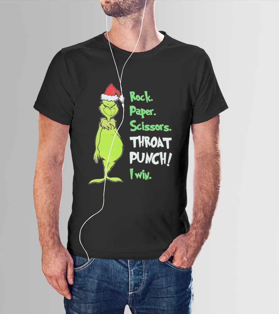 Rock Paper Scissors Throat Punch I Win Grinch With Santa Hat T-Shirt