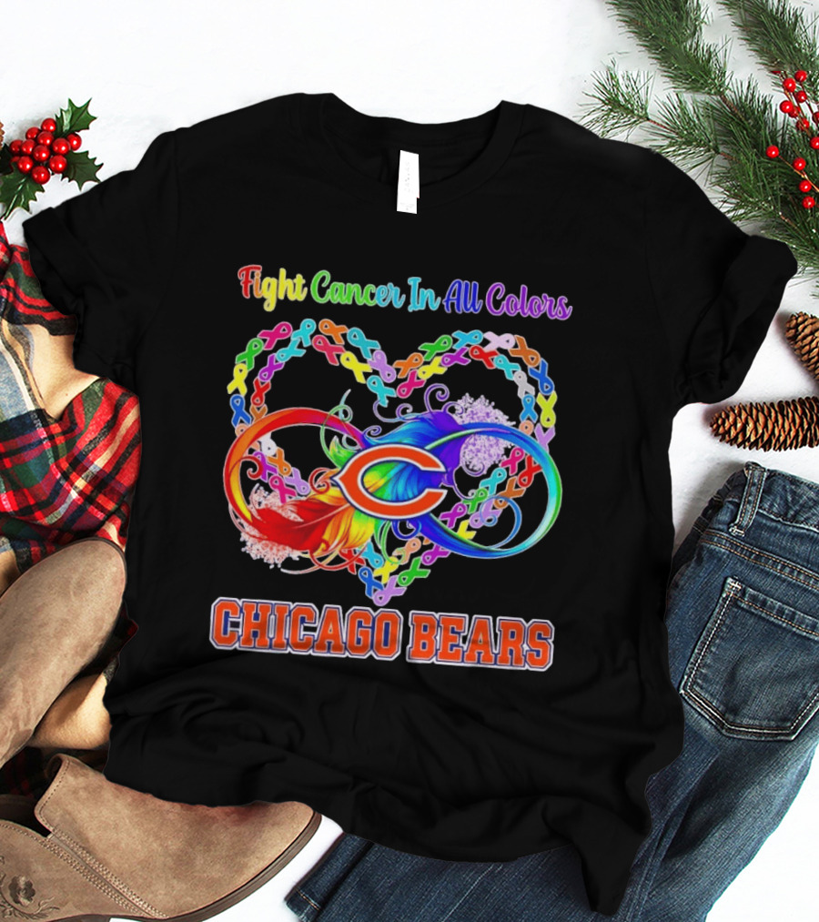 Chicago Bears Fight Cancer In All Colors Heart Ribbon Awareness T-Shirt