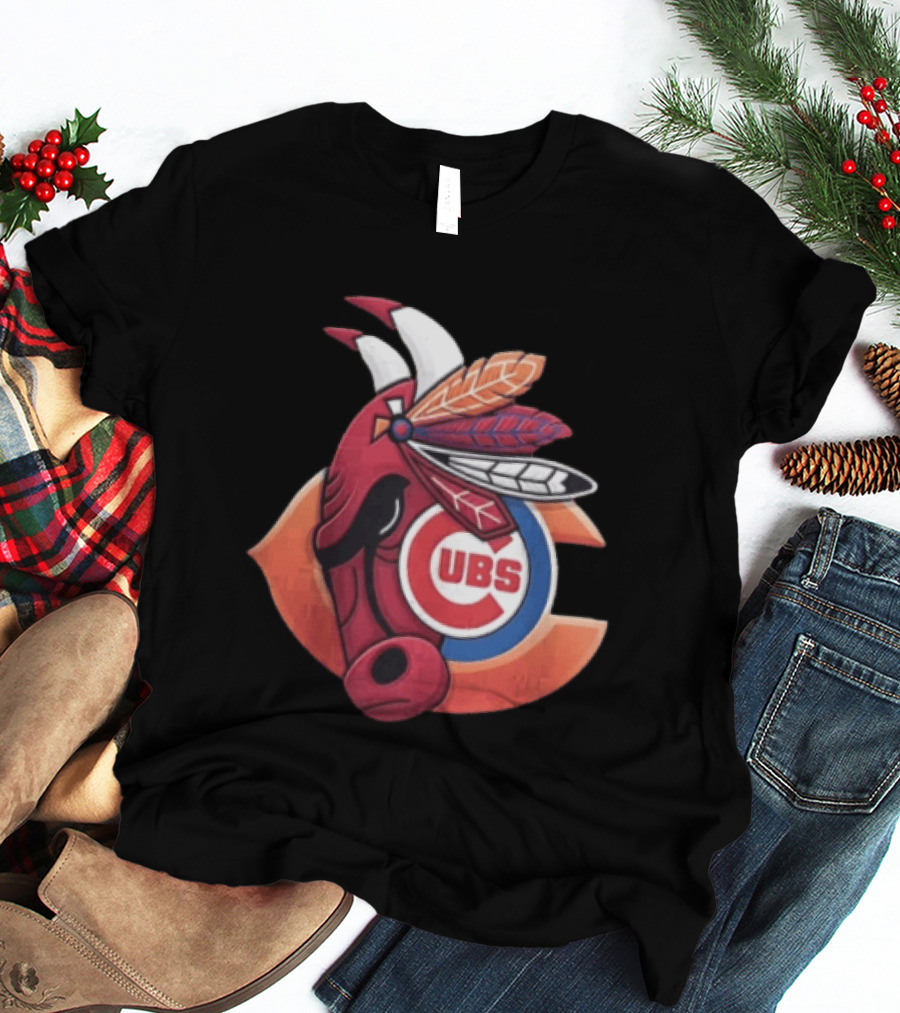 Chicago Bears Cubs Red Bull Native American Headdress T-Shirt