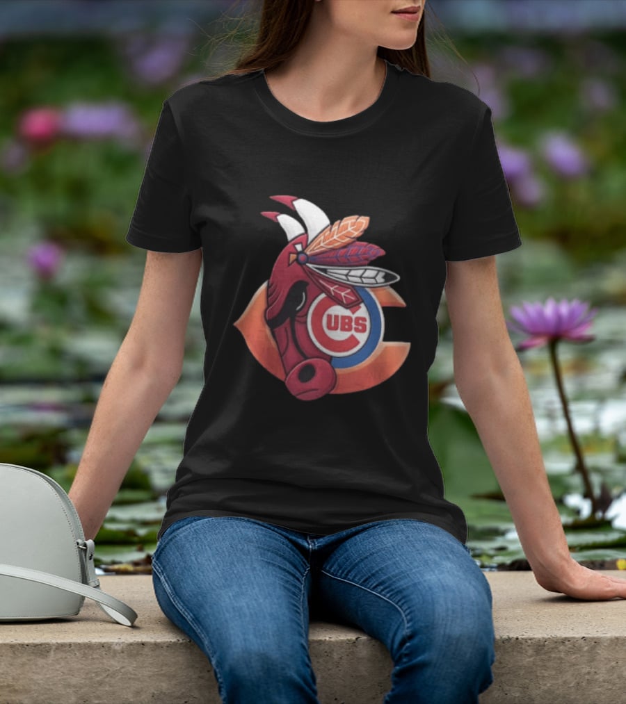 Chicago Bears Cubs Red Bull Native American Headdress T-Shirt