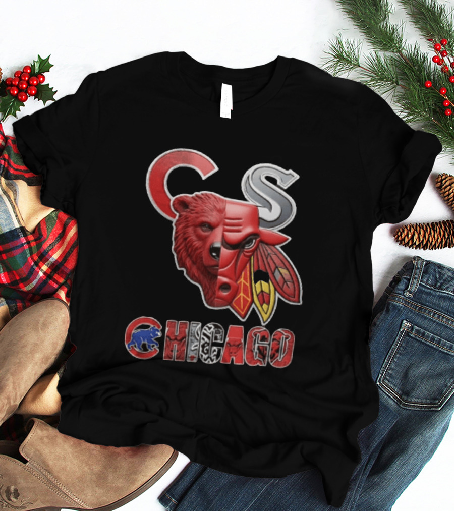 Chicago Cubs Bulls Blackhawks Split Face Bear Bull T-Shirt