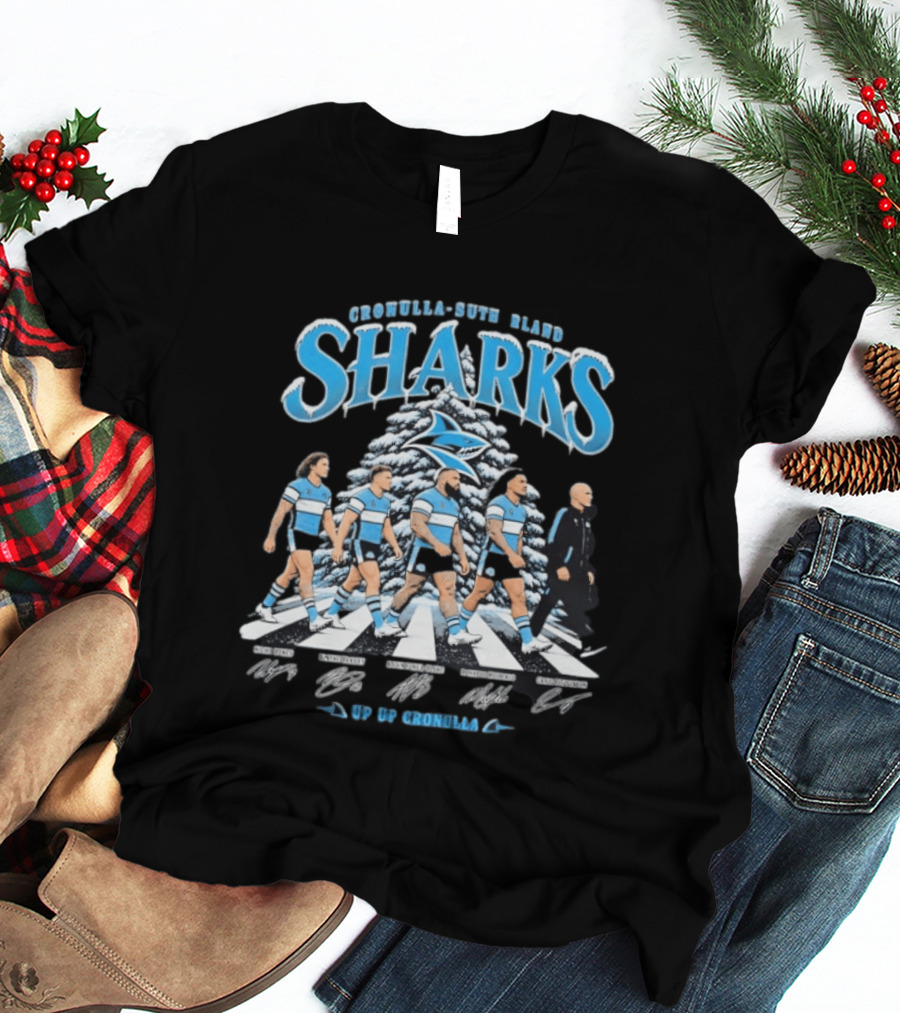 Cronulla Sutherland Sharks Up Up Cronulla Abbey Road Christmas Signatures T-Shirt