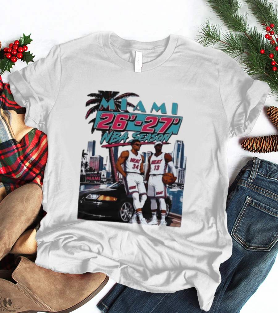 Miami Heat 26 27 NBA Season Palm Trees Skyline Players T-Shirt