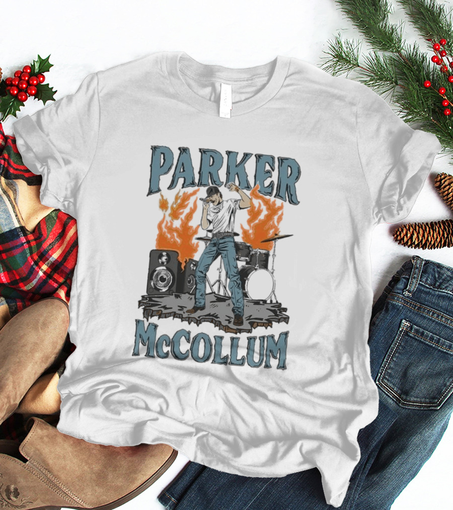 Parker Mccollum Cartoon Flames Concert Scene With Drums And Speakers T-Shirt