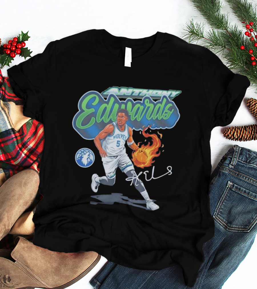 Anthony Edwards Wolves Cursive Script Basketball Flame Edit T-Shirt