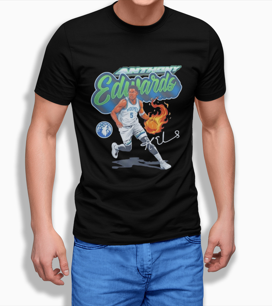 Anthony Edwards Wolves Cursive Script Basketball Flame Edit T-Shirt