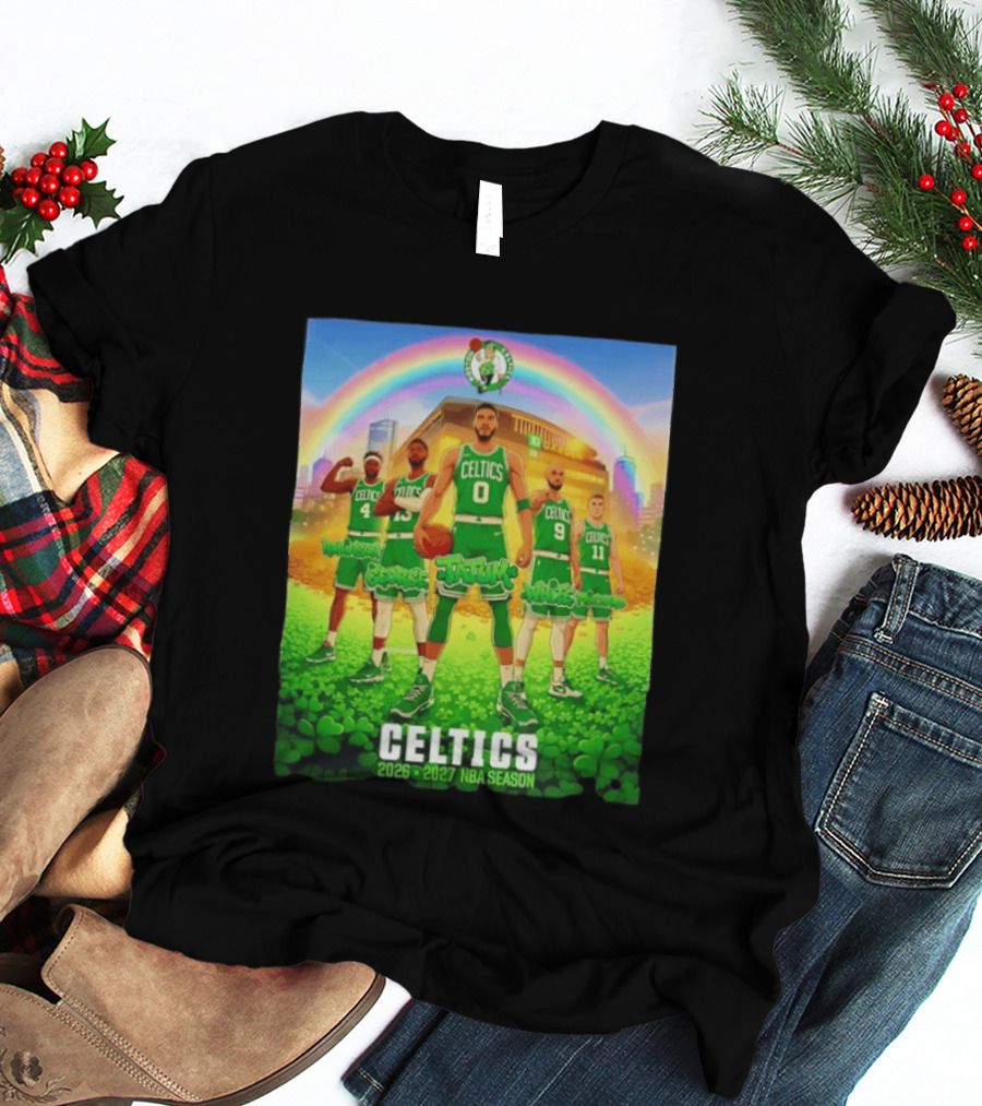 Boston Celtics 2026 2027 NBA Season Tatum George White Robinson Pritchard Basketball Team Players Under Rainbow Scene T-Shirt