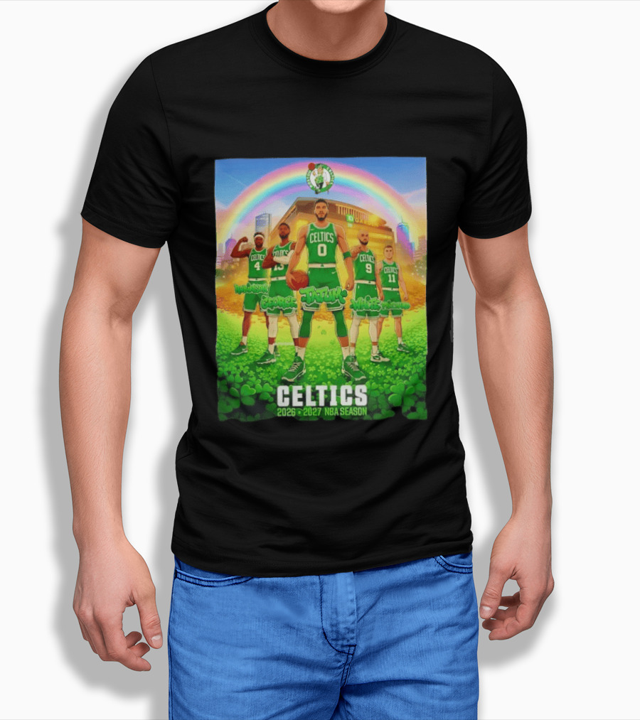 Boston Celtics 2026 2027 NBA Season Tatum George White Robinson Pritchard Basketball Team Players Under Rainbow Scene T-Shirt