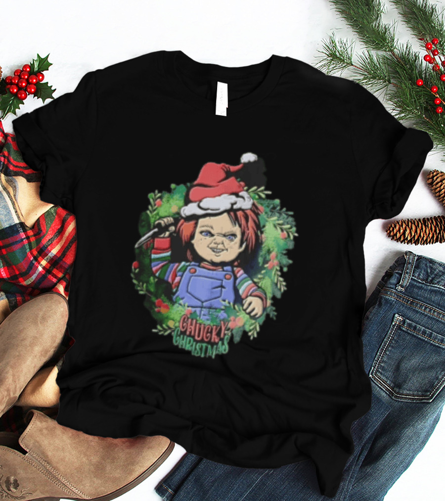 Chucky Christmas Doll Holding Knife In Festive Wreath With Santa Hat T-Shirt