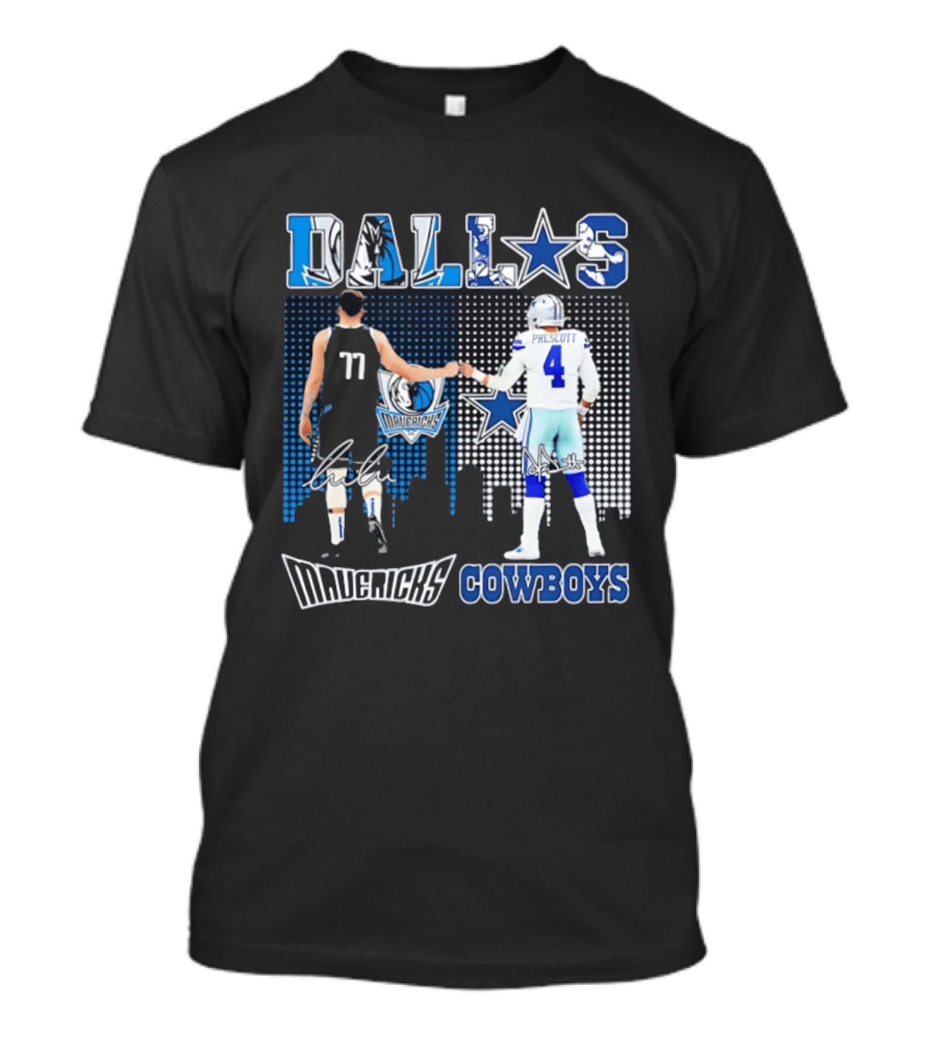 Dallas Mavericks Cowboys Skyline Signatures Luka Doncic Dak Prescott T-Shirt