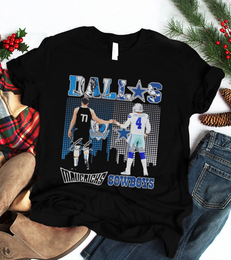Dallas Mavericks Cowboys Skyline Signatures Luka Doncic Dak Prescott T-Shirt