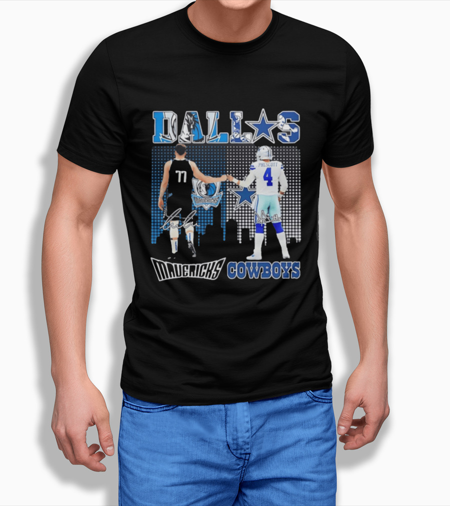 Dallas Mavericks Cowboys Skyline Signatures Luka Doncic Dak Prescott T-Shirt