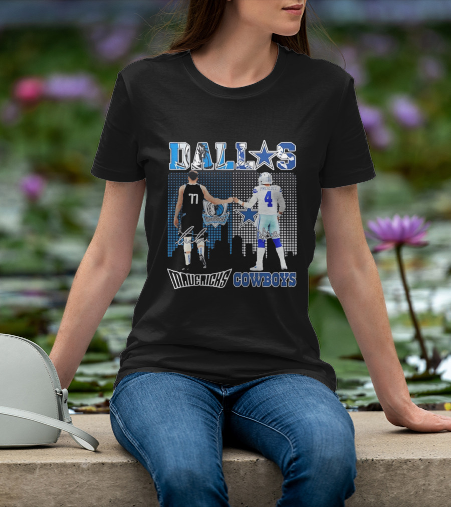 Dallas Mavericks Cowboys Skyline Signatures Luka Doncic Dak Prescott T-Shirt