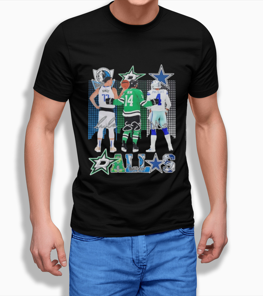 Dallas Mavericks Stars Signatures Skyline Luka Doncic Benn Dallas Cowboys T-Shirt