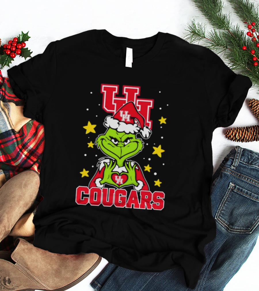 Grinch UH Houston Cougars Christmas Santa Hat Snow Stars T-Shirt