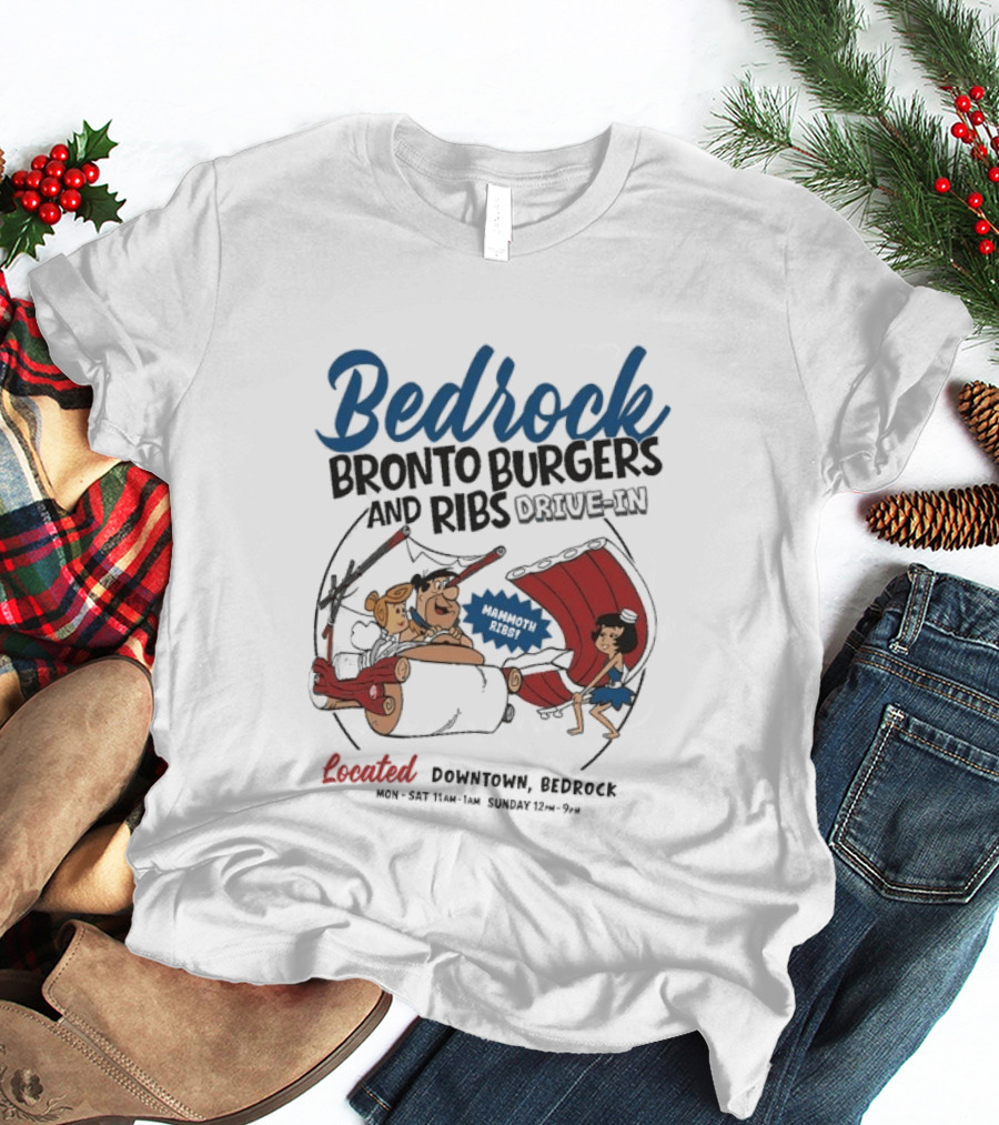 Bedrock Bronto Burgers And Ribs Drive In Downtown Bedrock Fred Flintstone Car And Dino Ribs T-Shirt