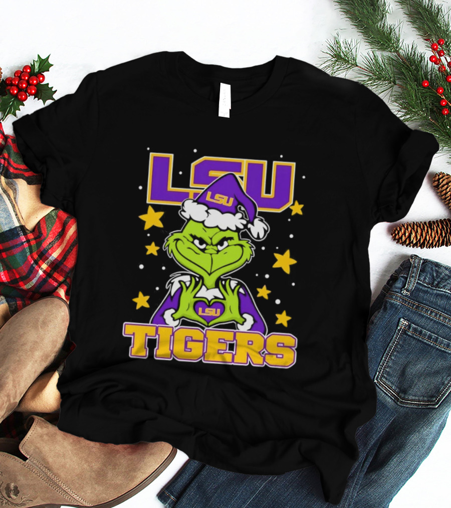 LSU Tigers Grinch Christmas Heart Hands T-Shirt